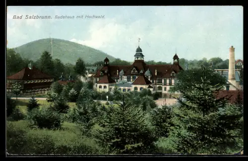AK Bad Salzbrunn, Teilansicht mit Badehaus und Hochwald