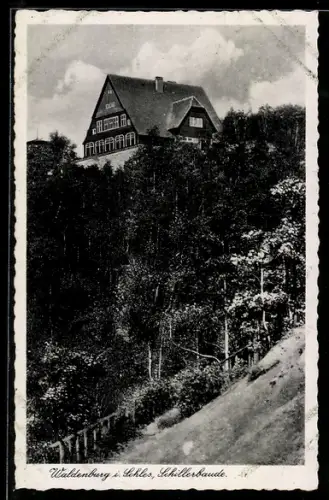 AK Waldenburg i. Schles., Schillerbaude mit umgebendem Wald