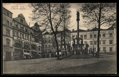 AK Glatz, Ring und Marien-Statue mit Commandantur