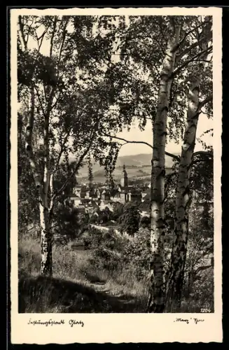 AK Glatz, Teilansicht mit Kirche und Birken
