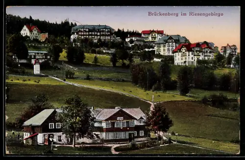 AK Brückenberg im Riesengebirge, Teilansicht mit Villen und angrenzendem Wald