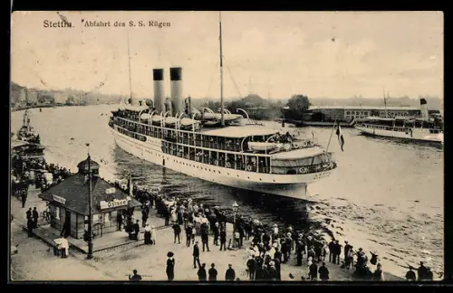 AK Stettin, Abfahrt des Passagierschiffes S.S. Rügen