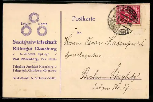 AK Nörenberg /Stettin, Korrespondenzkarte der Saatgutwirtschaft Rittergut Clausburg