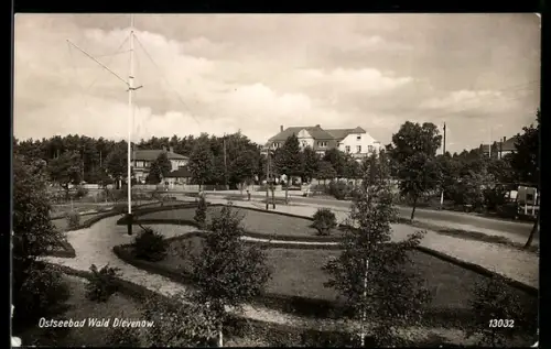 AK Wald Dievenow, Ortspartie mit Anlagen und Fahnenmast