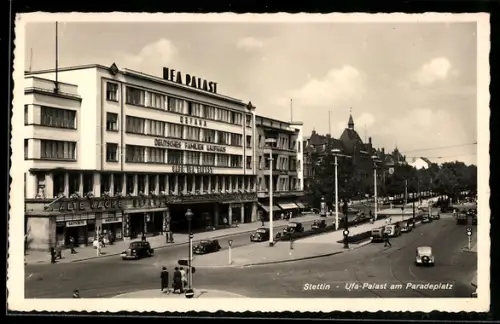 AK Stettin, Ufa-Palast am Paradeplatz, Deutsches Familien-Kaufhaus, Gaststätte Alte Wache