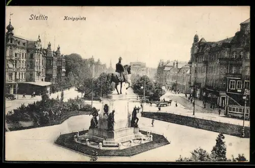 AK Stettin, Königsplatz mit Reiterstandbild, Strassenbahn