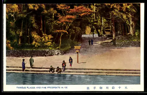 AK Ise, Partie am Wasser mit Passanten in traditioneller Kleidung