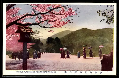 AK Ise, Ortspartie mit Passanten und Bergpanorama