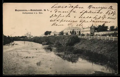 AK Morschanks, Uferpartie am Fluss Tsna, Fernblick auf die Kathedrale