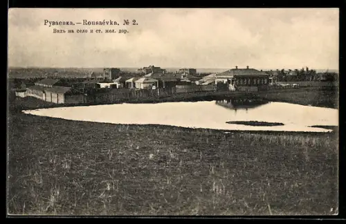 AK Rusajewka, Blick auf die Ansiedlung und die Haltestelle der Eisenbahn