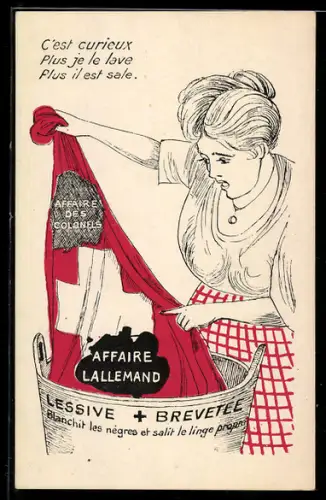 AK Schweiz, Frau wäscht eine affaire Lallemand aus einer schweizer Flagge