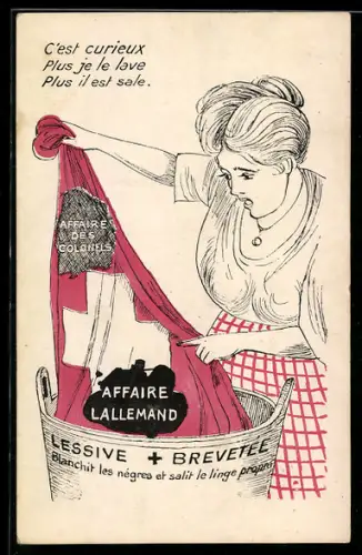 AK Schweiz, Frau wäscht die affaire Lallemand aus der Schweizer Flagge