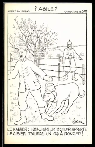 Künstler-AK sign. Sam: Schweiz, Affaire Lallemand, Mann in Uniform wird von einem Hund gebissen