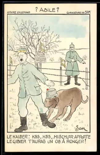 Künstler-AK sign. Sam: Schweiz, Affaire Lallemand, Soldat in Uniform wird von einem Hund gebissen