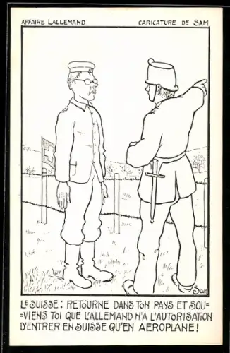 Künstler-AK sign. Sam: Schweiz, Affaire Lallemand, Soldat weist in eine Richtung