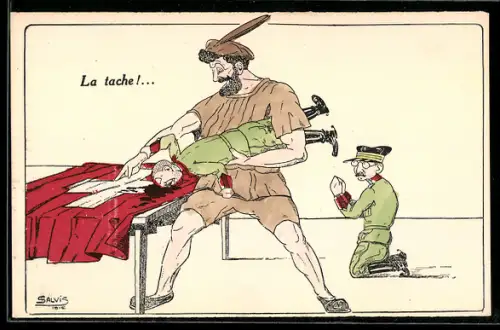 Künstler-AK sign. Salvis: Schweiz, Mann benutzt das Gesicht eines Soldaten, um die Schweizer Flagge zu beschmutzen