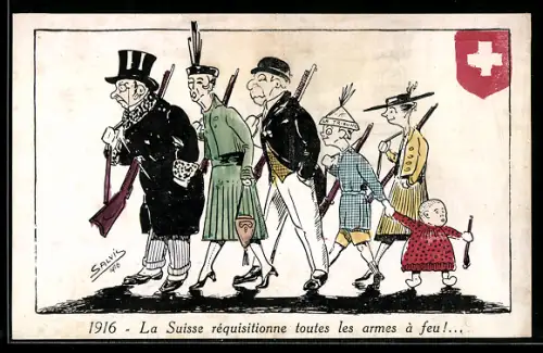 Künstler-AK sign. Salvis: La Suisse réquisitionne toutes les armes à feu
