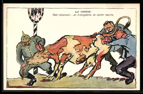 AK Schweiz, Soldaten, darunter einer mit Pickelhaube, ringen mit einer Kuh