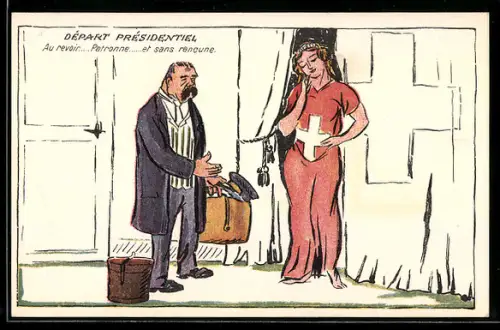 AK Schweiz, Départ présidentiel, Mann verabschiedet sich von einer Frau mit Kleid in Form der Schweizer Flagge