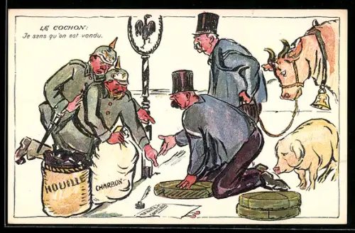 AK Schweiz, Le Cochon, Soldaten mit Pickelhaube handeln an der Grenze, Karikatur