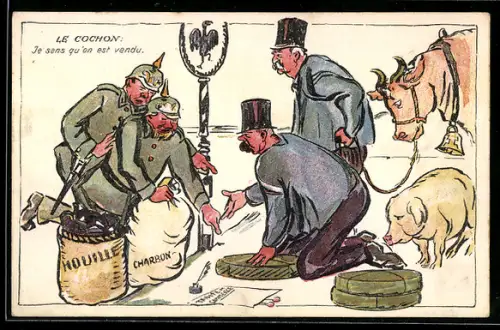 AK Karikatur von preussischen Soldaten an der Grenze beim Handeltreiben