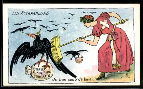 AK Schweiz, Frau mit Schweizer Kleid scheucht einen Raben mit Pickelhaube davon