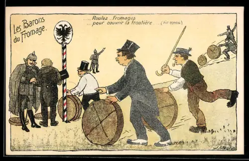 Künstler-AK sign. J. E. Mueller: Französische Händler verkaufen ihren Käse an der deutschen Grenze