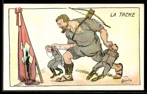 AK Schweiz, Wilhelm Tell zieht zwei Soldaten an den Ohren zu einer beschmutzten Schweizer Flagge