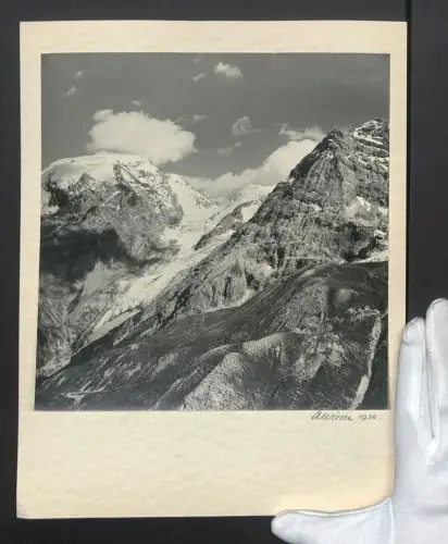 Fotografie Ansicht Poschiavo, Ospizio Bernina, schneebedeckte Gebirgsgipfel im Jahr 1938, Grossformat 25 x 31cm