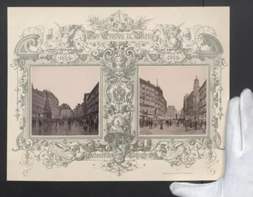 Fotografie Ansicht Wien, Der Graben in den Jahren 1848 und 1888 mit Passanten und Brunnen, Grossformat 31 x 24cm