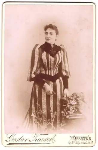 Fotografie Gustav Karsch, Dresden, Gr. Meissenerstrasse 17, Frau mit gestreiftem Kleid