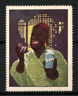Reklamemarke Odol Mundwasser, Mann mit Flasche und Glas
