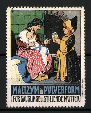 Reklamemarke Maltzym in Pulverform, Mutter mit Kind, Münchner Kindl