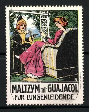 Reklamemarke Maltzym mit Guajacol, Münchner Kindl reicht einer Dame Maltzym