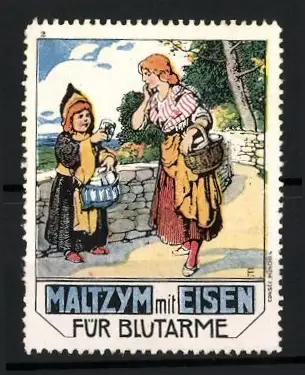 Reklamemarke Maltzym mit Eisen, Mädchen und Münchner Kindl