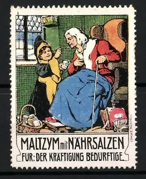 Reklamemarke Maltzym mit Nährsalzen, Alte Dame und Münchner Kindl