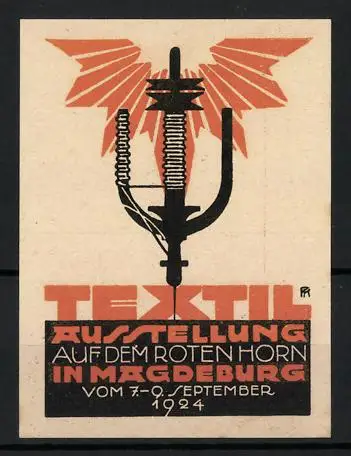 Reklamemarke Magdeburg, Textil Ausstellung 1924, Spindel und Flügelmotiv