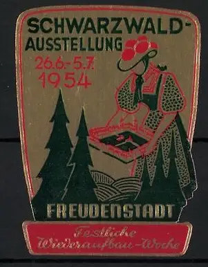 Reklamemarke Freudenstadt, Schwarzwald-Ausstellung 1954, Frau in Tracht