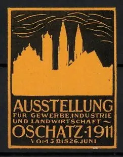 Reklamemarke Oschatz, Ausstellung für Gewerbe, Industrie und Landwirtschaft 1911, Stadtsilhouette