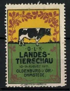 Reklamemarke Oldenburg, O.L.K. Landestierschau 1911, Kuh und Eichenlaub