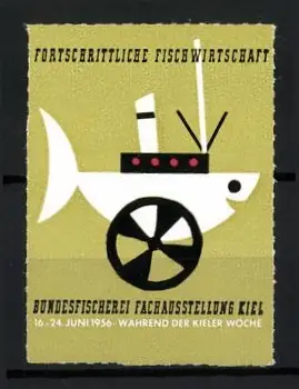 Reklamemarke Kiel, Bundesfischerei Fachausstellung 1956, Fisch mit Rad