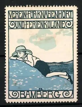 Reklamemarke Bamberg, Verein für Knabenhort und Ferienkolonie, Junge am Wasser