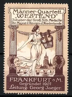 Reklamemarke Frankfurt, Männer-Quartett Westend, Frau mit Lyra und Brücke