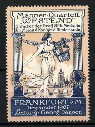 Reklamemarke Frankfurt am Main, Männer-Quartett Westend, Frau mit Lyra und Ortsansicht