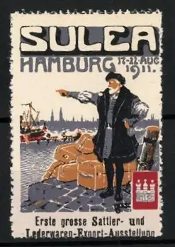 Reklamemarke Hamburg, Sattler- und Lederwarenausstellung 1911, Händler am Hafen