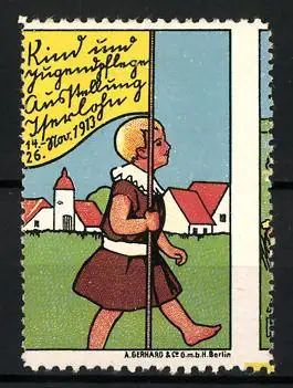 Reklamemarke Iserlohn, Kinderschutz-Ausstellung 1913, Kind mit Fahne
