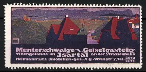 Künstler-Reklamemarke Ludwig Hohlwein, Heilmann`sche Immobilien-Ges. A. G., Villengelände im Isartal