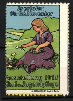 Reklamemarke Iserlohn, Ausstellung Kind.-Jugendpflege 1913, Frau auf einer Blumenwiese