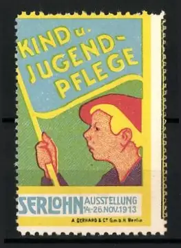 Reklamemarke Iserlohn, Kind- und Jugendpflege Ausstellung 1913, Junge mit Fahne