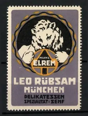 Reklamemarke München, Leo Rübsam Delikatessen, Löwe mit Rad